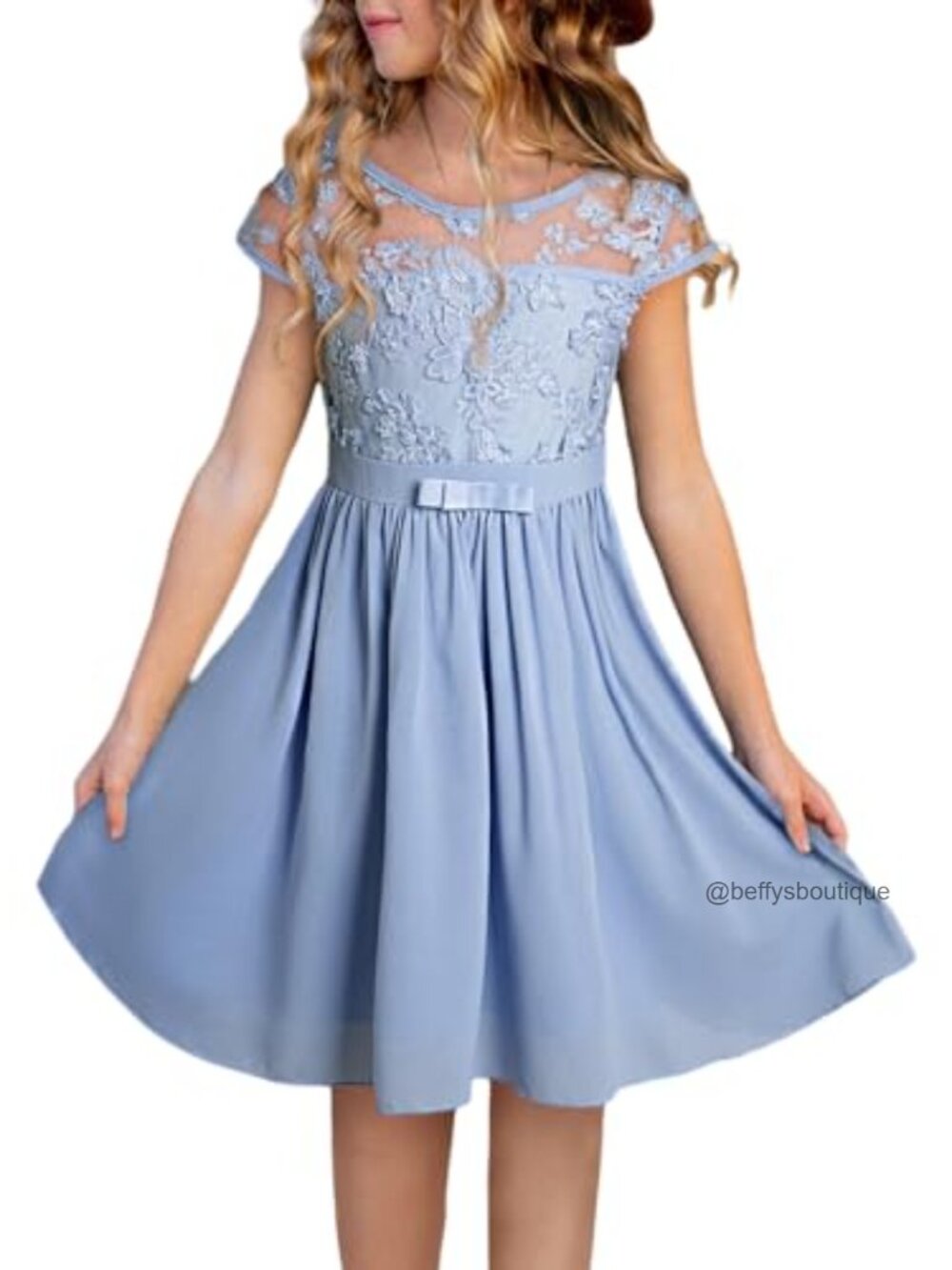 Girls Lace Mesh Party Dress Semi Formal Short Sleeve Bow